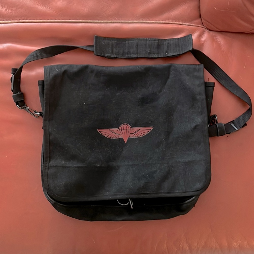 Black canvas messenger bag, 15” wide x 13” long